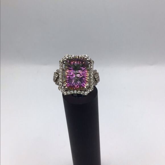 925 Sterling Silver Mystic Topaz CZ Halo Cocktail Ring Size 7.5 Multicolor - Picture 4 of 16